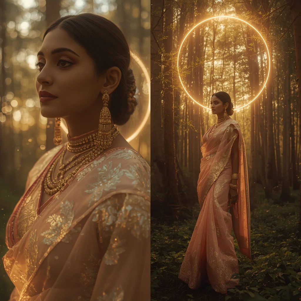 Festive Pastel Saree Golden Solar Halo Forest Collage | Woman Pose Ai Prompt