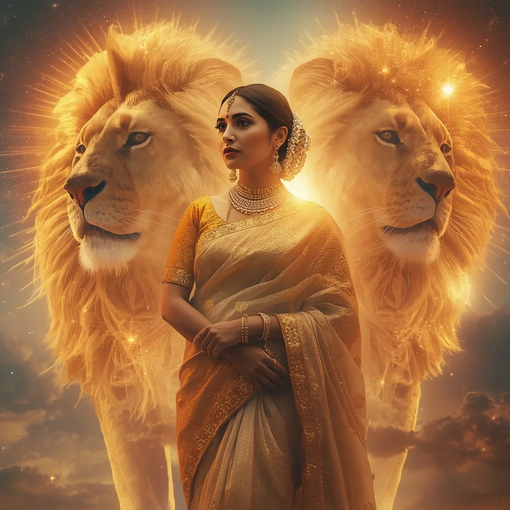 Festive Pastel Saree Golden Solar Lion Kingdom Collage | Banana Prompts Girls