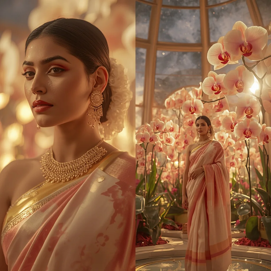 Festive Pastel Saree Golden Solar Orchid Observatory Collage | Instagram Photography Ai Prompt