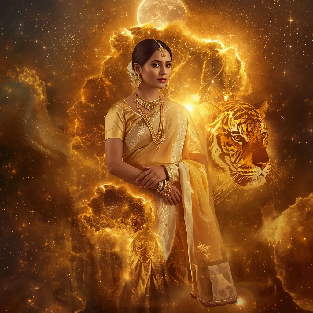 Festive Pastel Saree Golden Solar Tiger Nebula Collage | 3d Animation Ai Prompt