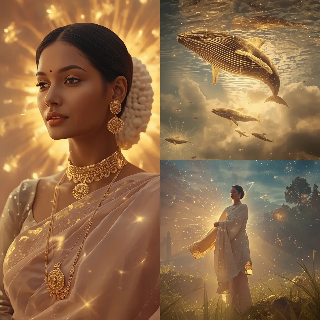 Festive Pastel Saree Golden Solar Whale Sanctuary Collage | Desi Girl Ai Prompt