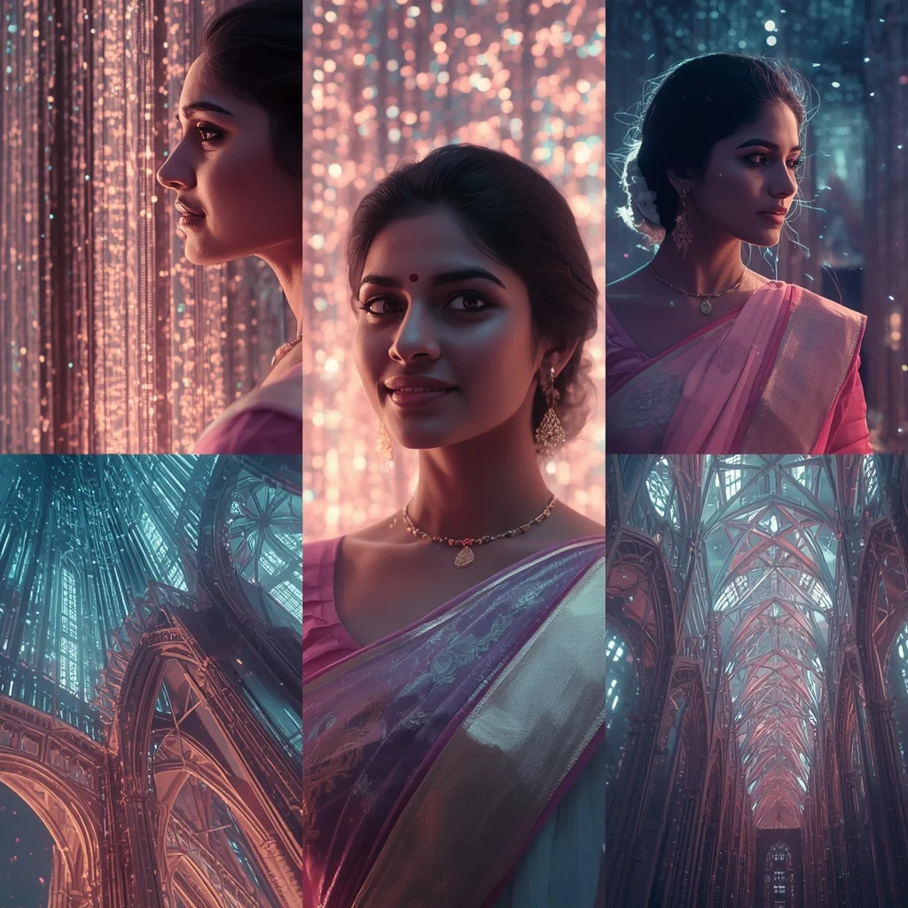 Festive Pastel Saree Gothic Data Packet Cathedral Collage | Desi Girl Ai Prompt