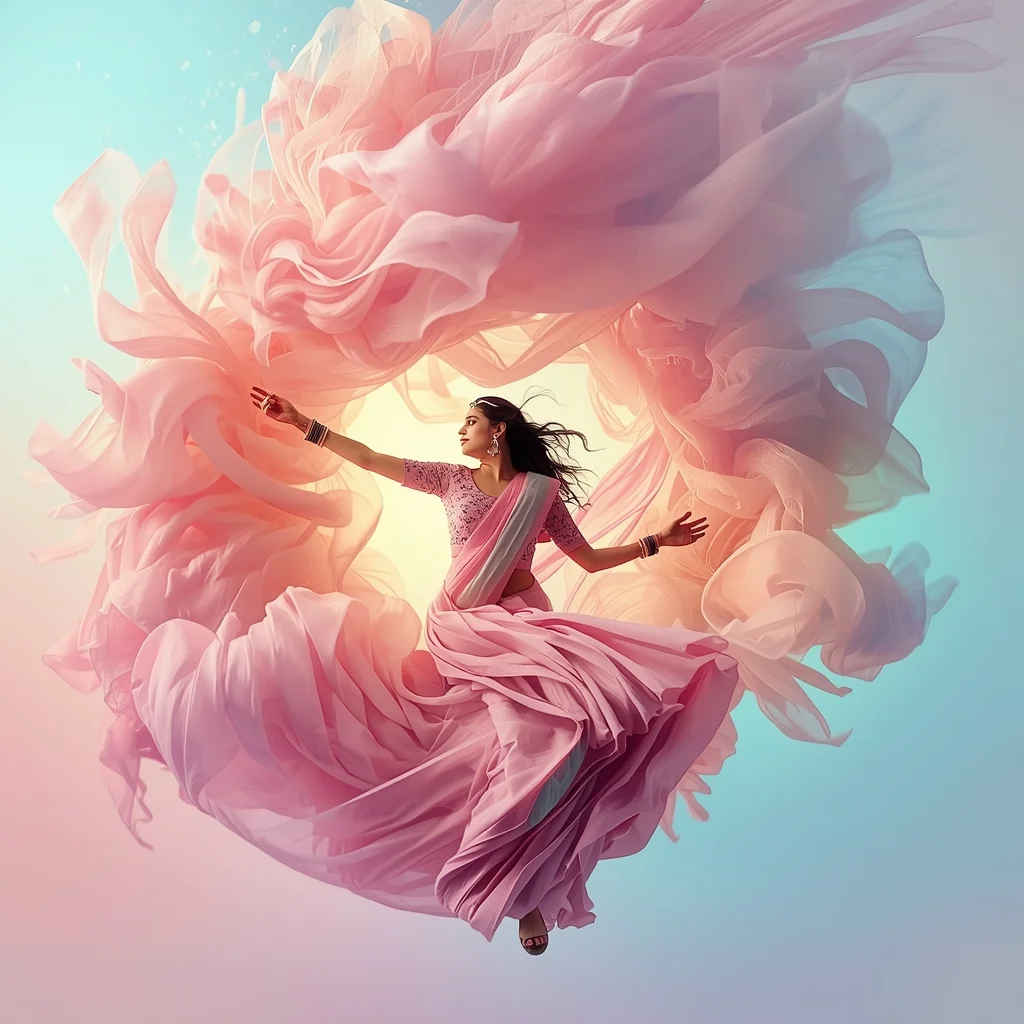 Festive Pastel Saree Gravity Defying Fabric Storm Collage | Indian Girl Floating Drape Aesthetic Soft Cinematic Viral Prompt | Saree Pose Ai Prompt For Image Generation