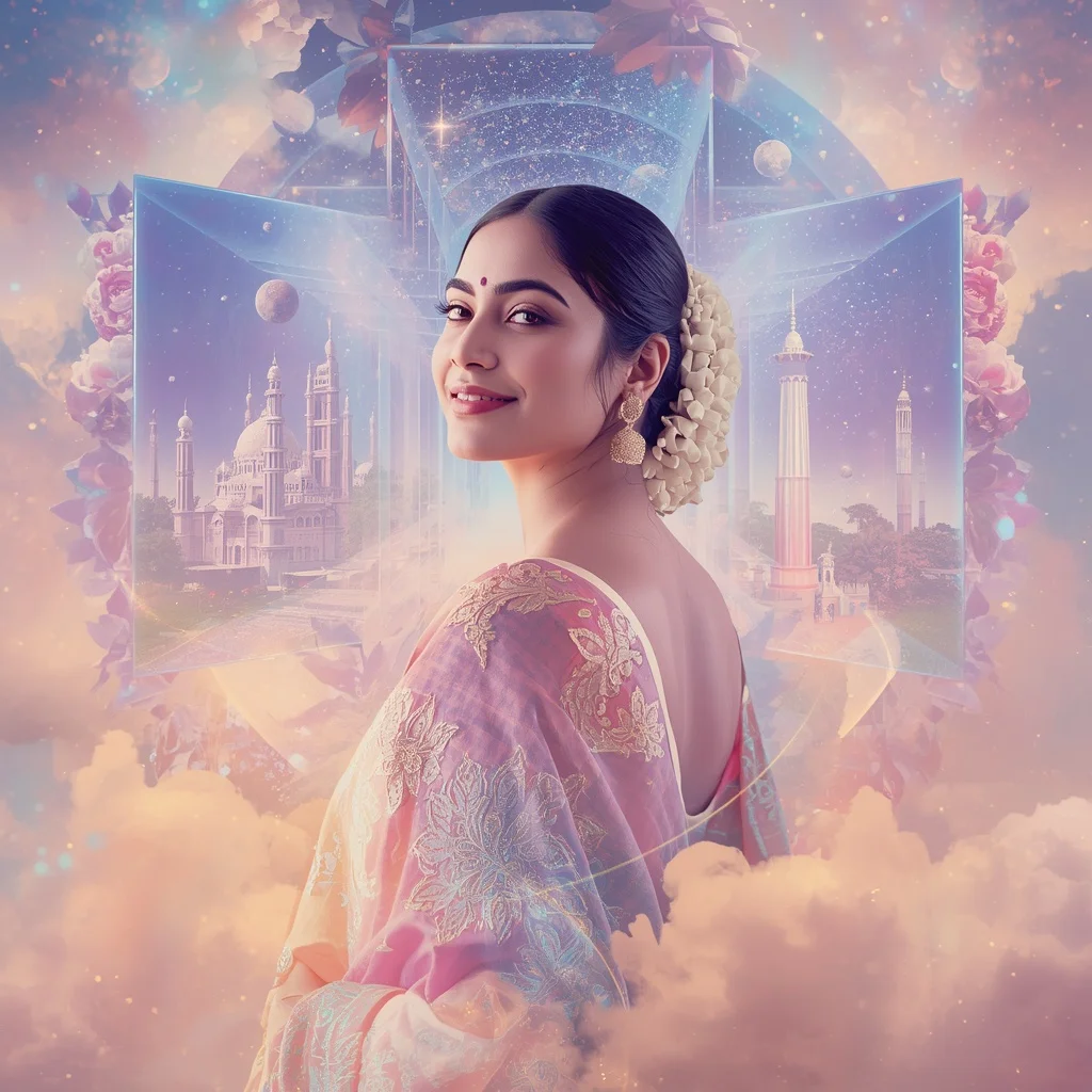Festive Pastel Saree Halo Bloom Celestial Dream Kingdom Collage Cinematic | Creative Ai Prompt