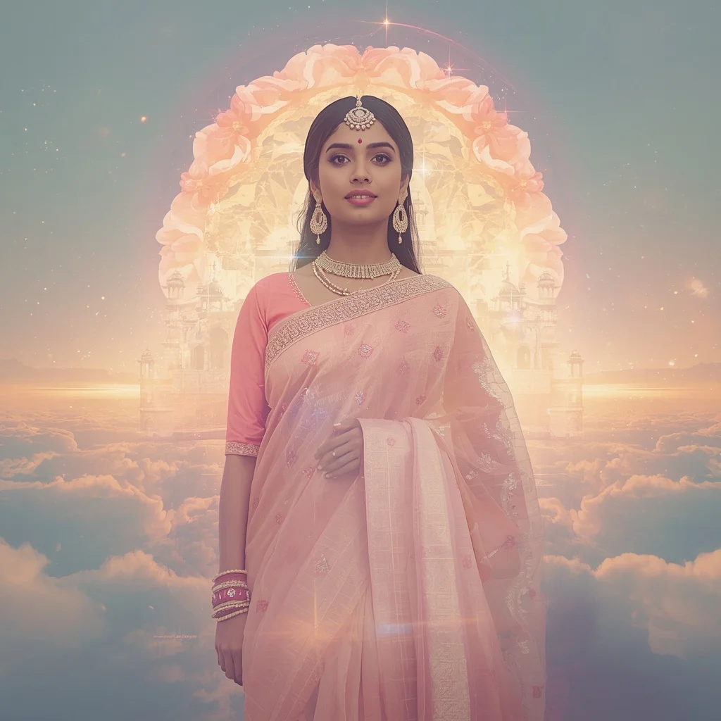 Festive Pastel Saree Halo Bloom Celestial Dreamscape Collage Cinematic | Ai Image Generator Prompt