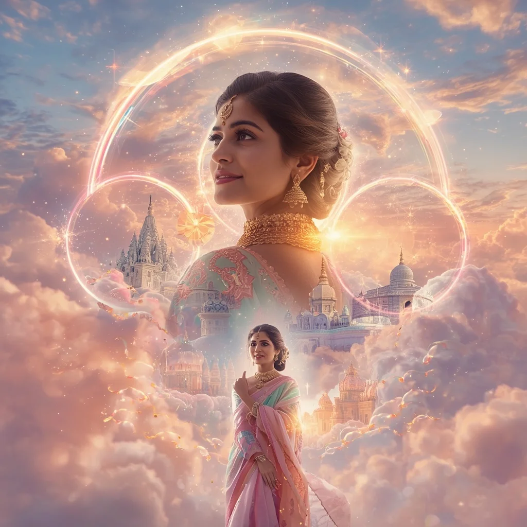 Festive Pastel Saree Halo Bloom Galaxy Sanctuary Collage Cinematic | Prompt Seen Girl Lehenga