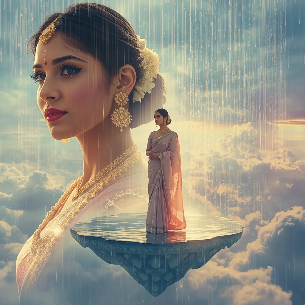Festive Pastel Saree Heavenly Celestial Mirror Island Collage | Enchanted Crystal Rain Prompt | Gemini Saree Prompt