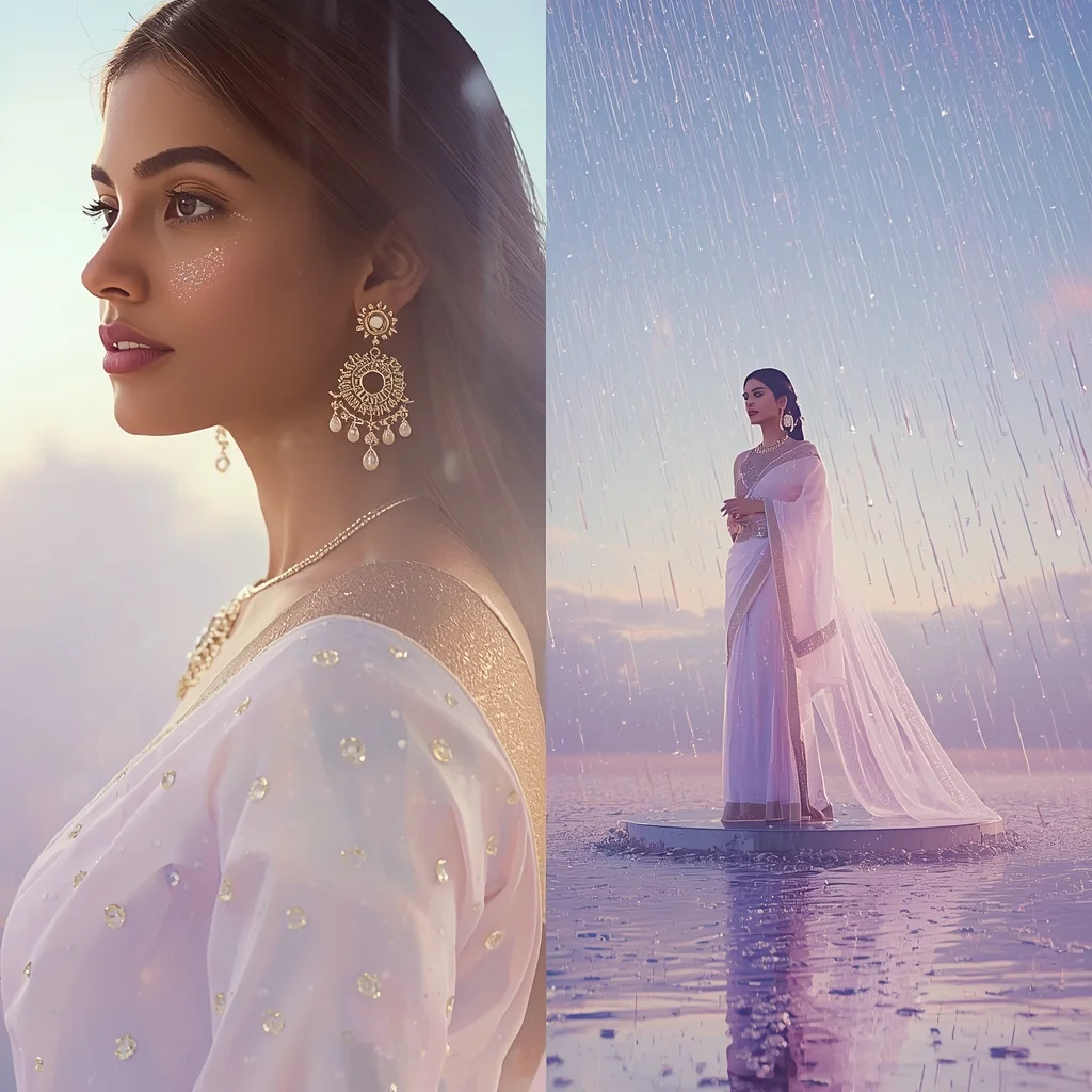 Festive Pastel Saree Heavenly Celestial Mirror Island Collage | Enchanted Crystal Rain Prompt | Gemini Saree Prompt Photo