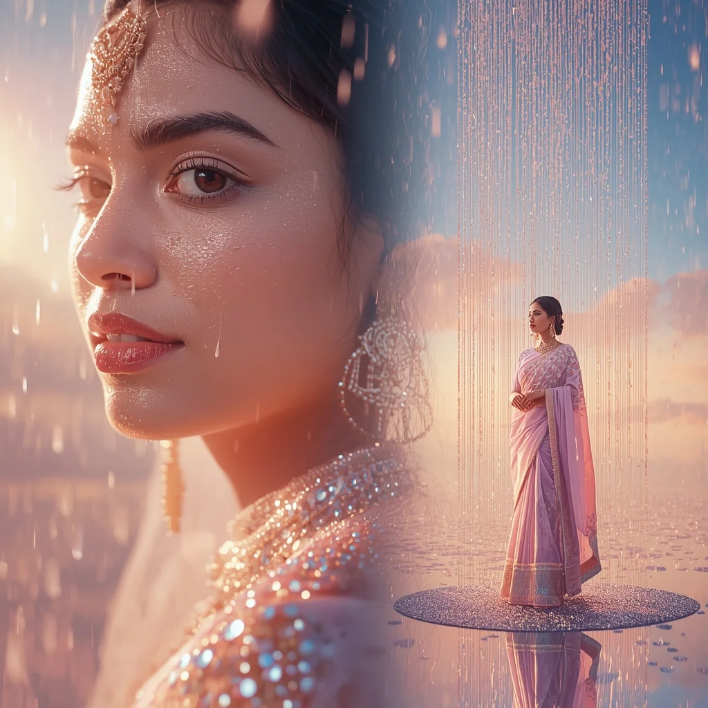 Festive Pastel Saree Heavenly Celestial Mirror Island Collage | Enchanted Crystal Rain Prompt | Saree Girl Dp Ai Prompt Ultra Hd