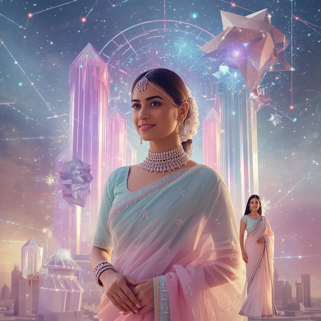 Festive Pastel Saree Holographic Crystal Constellation Realm Collage Modern Cinematic | Girls Trending Prompt Gemini Instagram