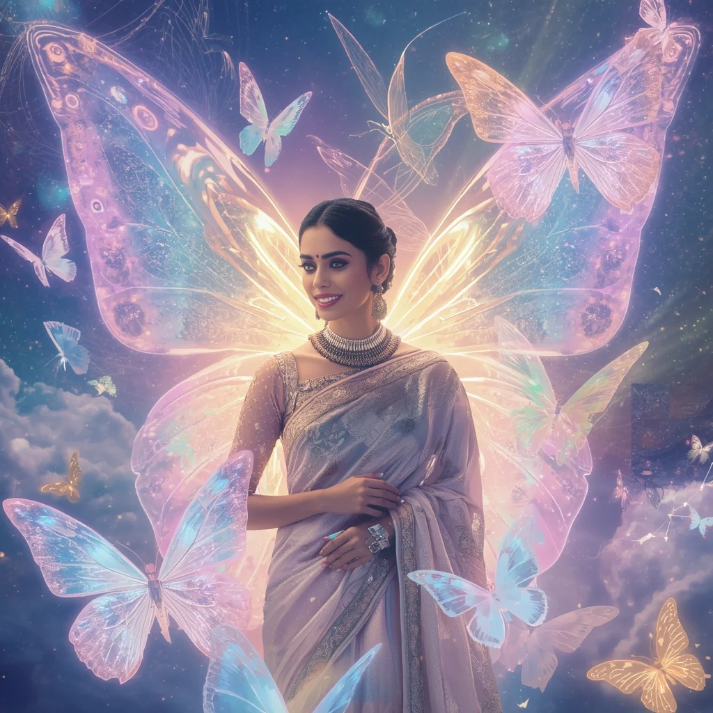 Festive Pastel Saree Holographic Starlight Butterfly Realm Collage Modern Cinematic | Ai Photo Editing Prompt