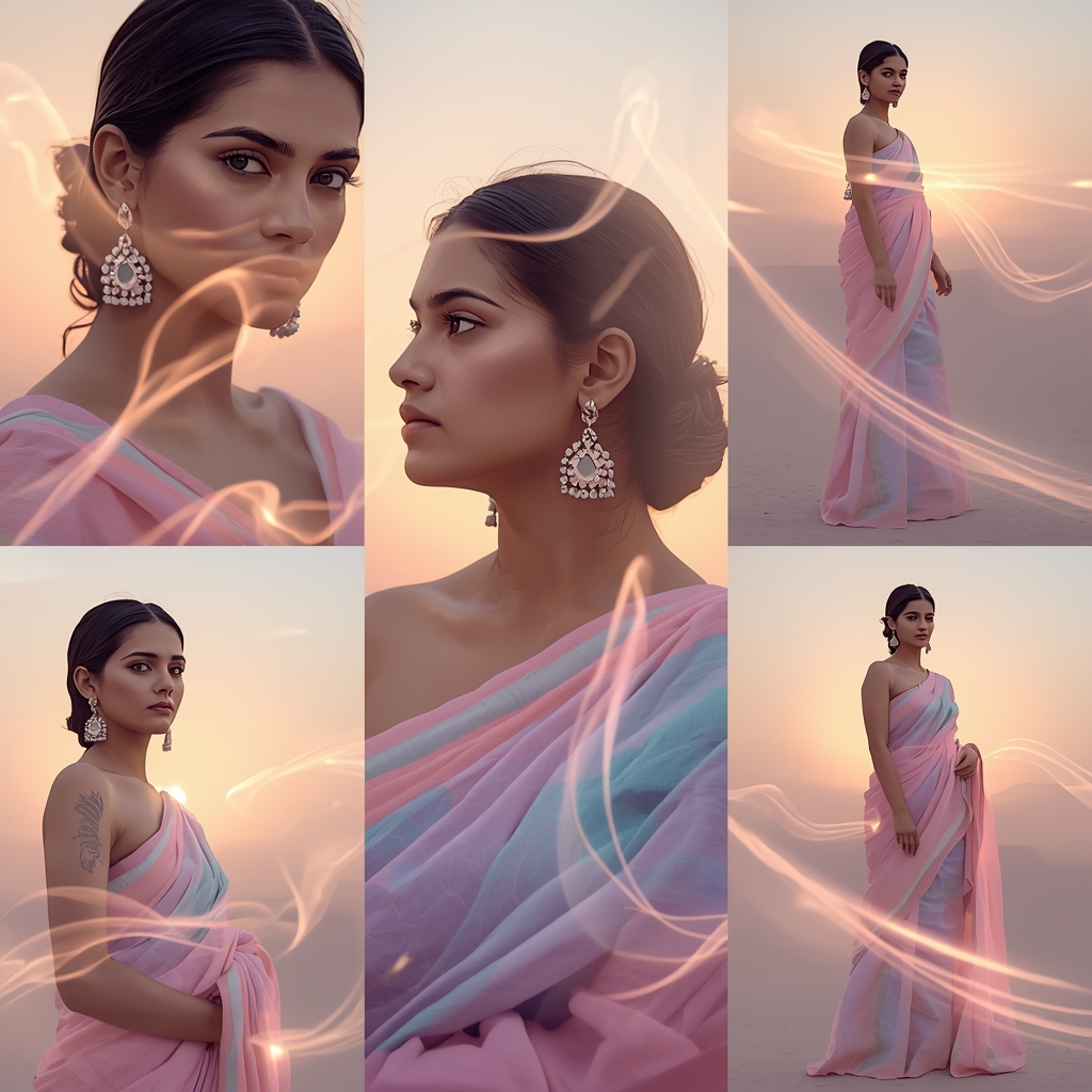 Festive Pastel Saree Horizon Ribbon Collage | Indian Girl Light Flow Aesthetic Soft Cinematic Viral Prompt | Woman Pose Ai Prompt