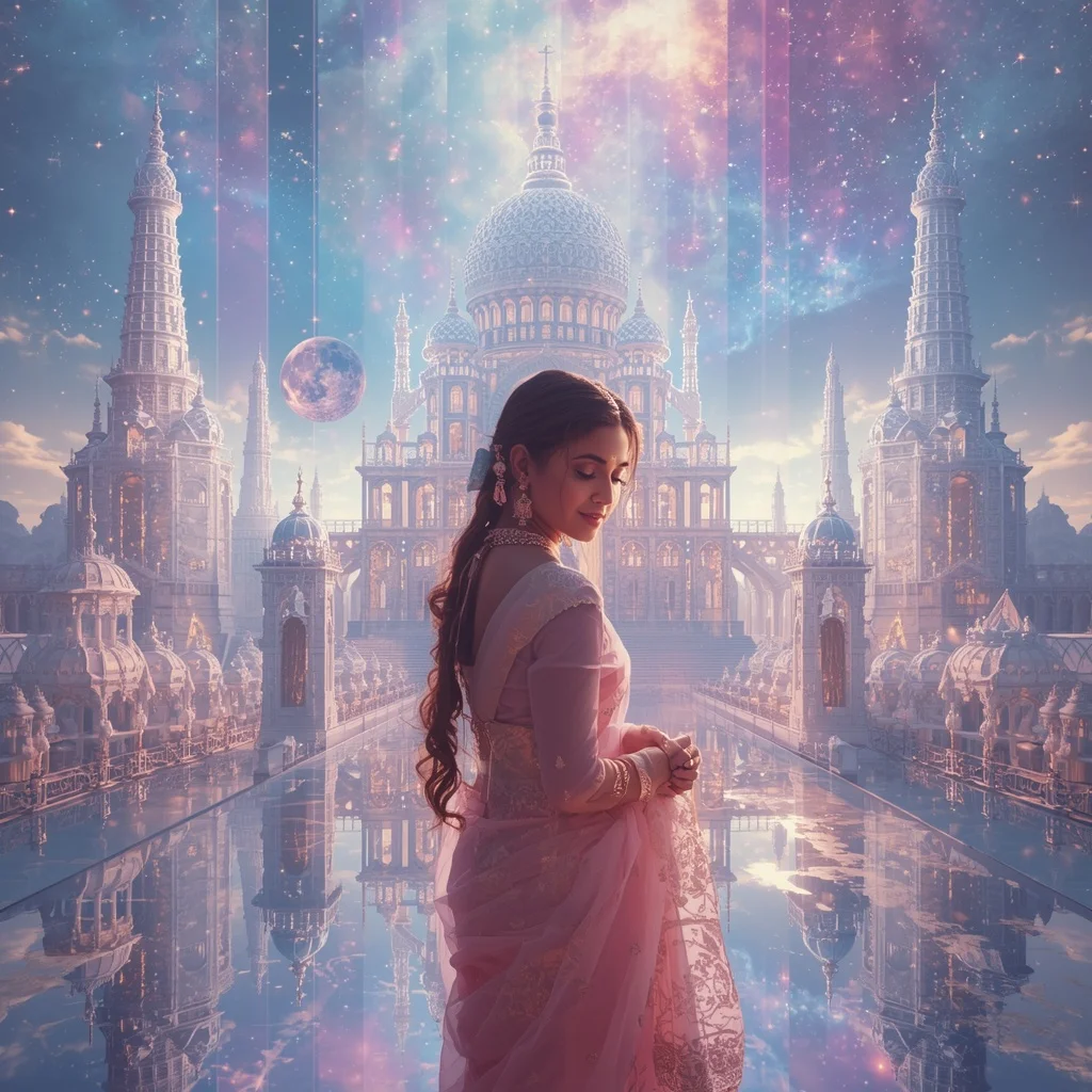 Festive Pastel Saree Infinite Celestial Crystal Dynasty Universe Collage Premium | Instagram Influencer Ai Prompt