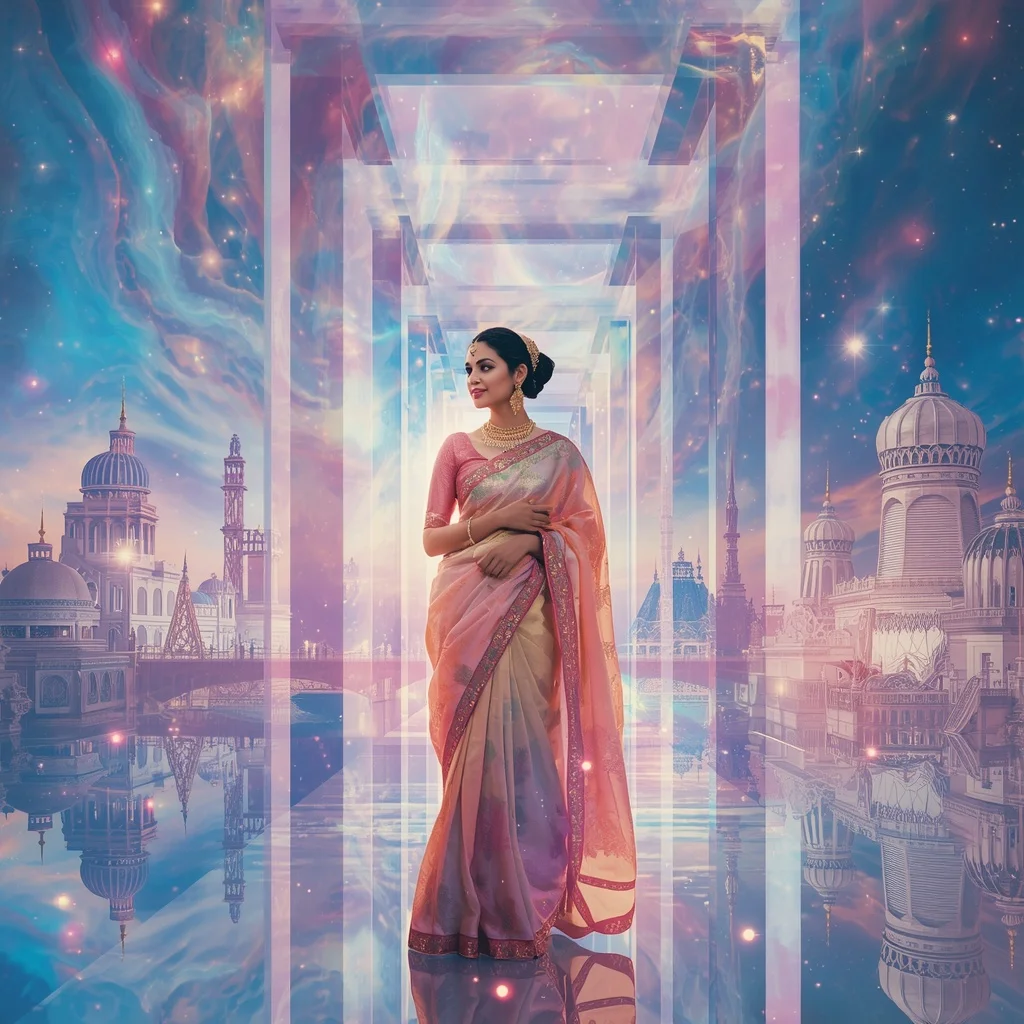 Festive Pastel Saree Infinite Celestial Crystal Universe Collage Premium | Prompt For Gemini AI Girl