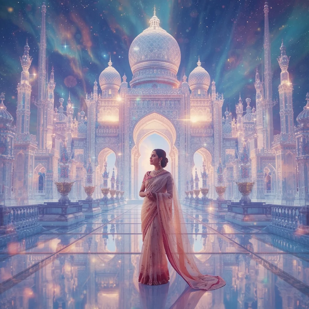 Festive Pastel Saree Infinite Crystal Aurora Celestial Realm Collage Premium | Ai Gemini Prompt