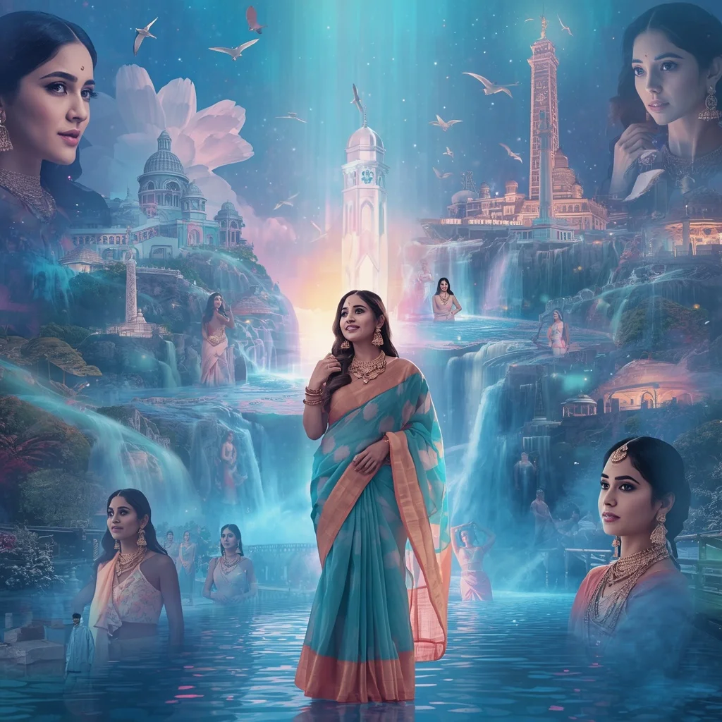 Festive Pastel Saree Infinite Crystal Aurora Celestial Realm Collage Premium | Creative Ai Prompt