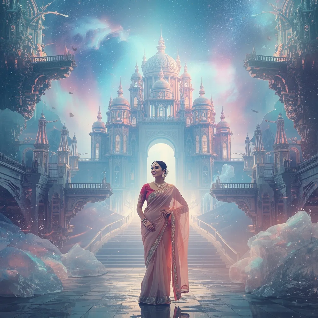 Festive Pastel Saree Infinite Crystal Aurora Citadel Collage Premium | Prompt For Girls Trending