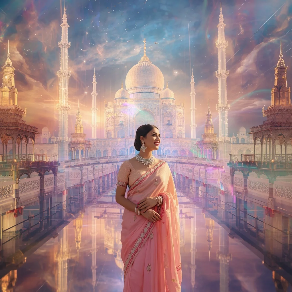 Festive Pastel Saree Infinite Crystal Aurora Eternity Realm Collage Premium | Instagram Profile Pic Ai Prompt