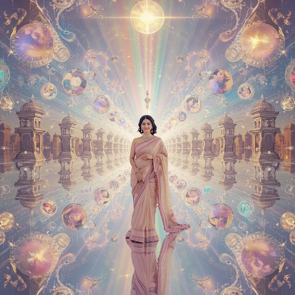 Festive Pastel Saree Infinite Crystal Celestial Dynasty Collage Luxury | Woman Pose Ai Prompt
