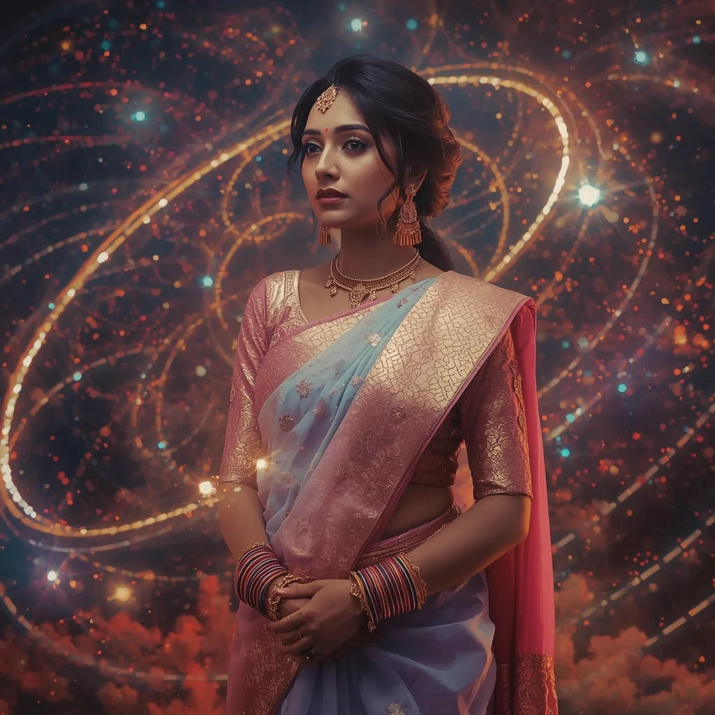 Festive Pastel Saree Infinite Light Orbit Celestial Fantasy Collage Premium Cinematic | Ai Art Prompt
