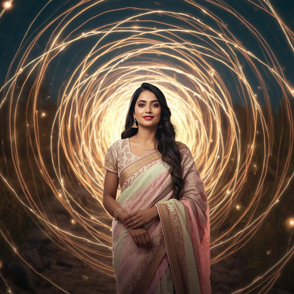 Festive Pastel Saree Infinite Light Orbit Celestial Paradise Collage Premium Cinematic | Woman Pose Ai Prompt