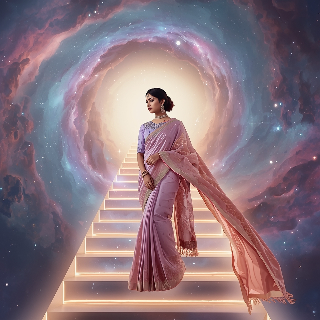 Festive Pastel Saree Infinite Staircase Nebula Vortex Collage | Cosmic Structure Prompt | Saree Dp Ai Prompt