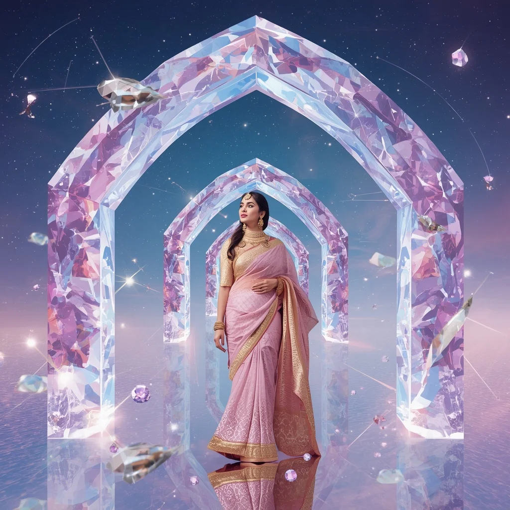 Festive Pastel Saree Infinity Crystal Constellation Archway Collage Premium Fashion | New Instagram Trend Prompt For Girl Copy And Paste