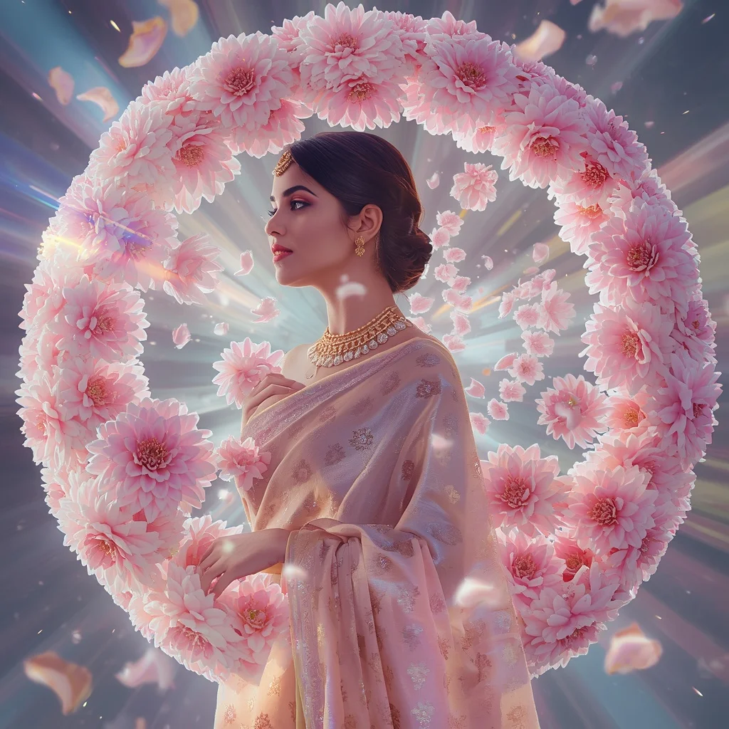 Festive Pastel Saree Infinity Crystal Dahlia Sphere Collage Luxury Cinematic | Instagram Profile Pic Ai Prompt