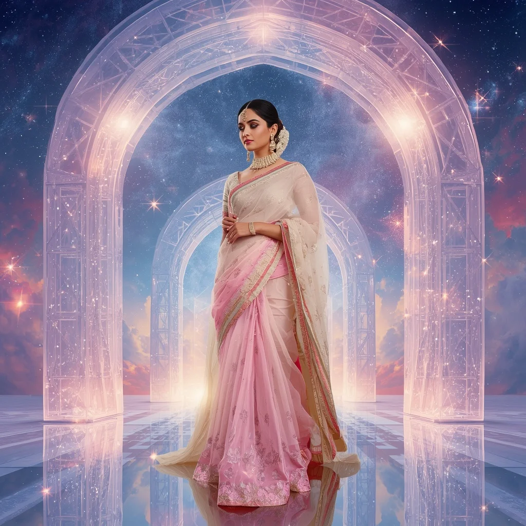 Festive Pastel Saree Infinity Crystal Galaxy Archway Collage Premium Fashion | Fitness Model Ai Prompt