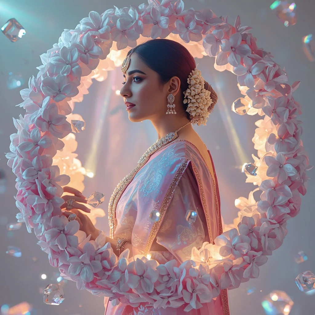 Festive Pastel Saree Infinity Crystal Gardenia Sphere Collage Luxury Cinematic | Leonardo Ai Image Prompt