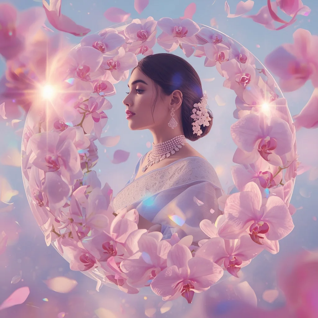 Festive Pastel Saree Infinity Crystal Orchid Sphere Collage Luxury Cinematic | Prompt For Girls Trending