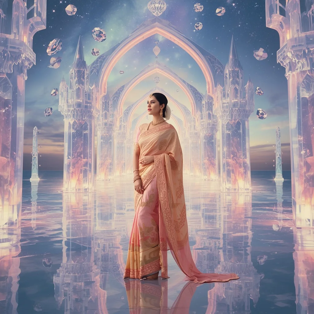 Festive Pastel Saree Infinity Diamond Aurora Cathedral Collage Premium Fashion | Gemini Photo Editing Prompt