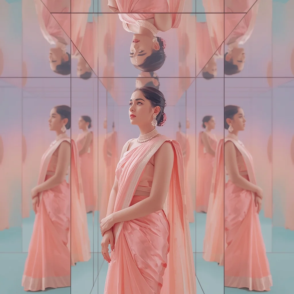 Festive Pastel Saree Infinity Mirror Collage | Indian Girl Reflection Depth Aesthetic Soft Cinematic Ultra Realistic Viral Prompt | Saree Dp Ai Prompt