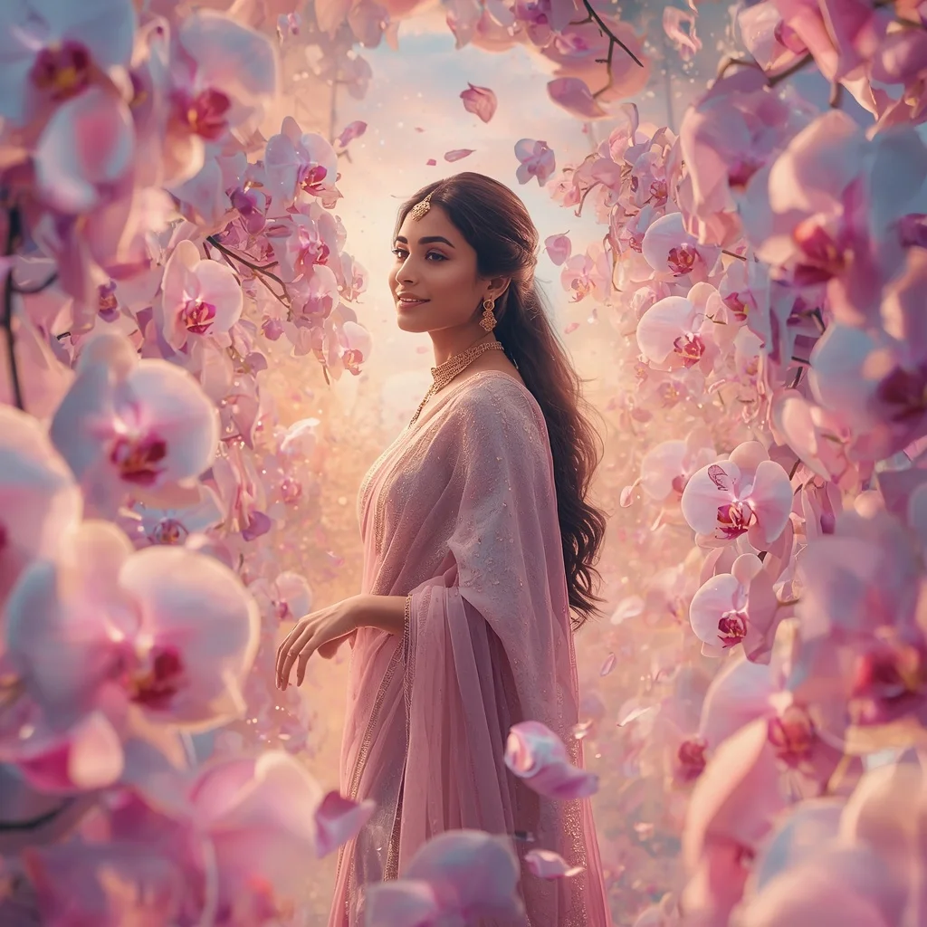 Festive Pastel Saree Layered Aurora Orchid Realms Collage Cinematic | Woman Pose Ai Prompt