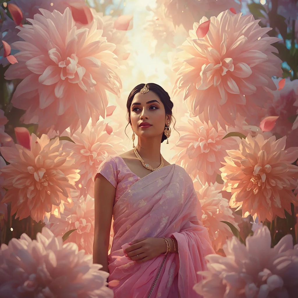 Festive Pastel Saree Light Dahlia Galaxy Kingdom Collage Cinematic | Fashion Ai Prompt