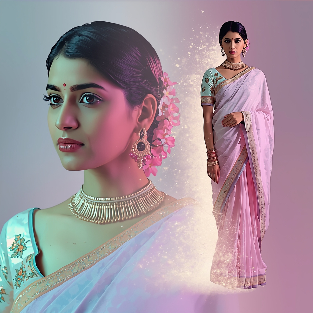Festive Pastel Saree Light Disintegration Collage | Indian Girl Fade Effect Aesthetic Cinematic Viral Prompt | Saree Pose Ai Prompt For Image Generation
