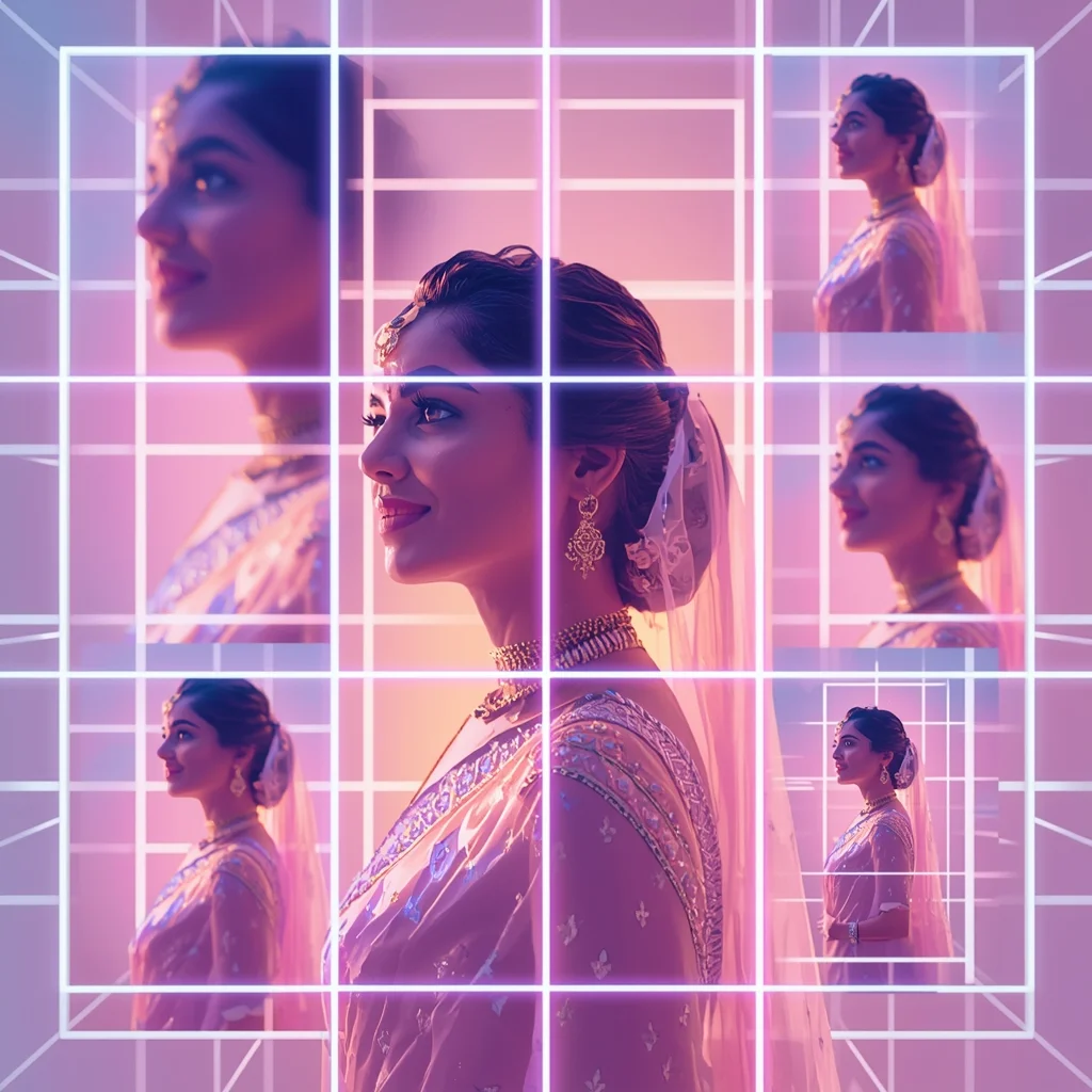 Festive Pastel Saree Light Grid Matrix Collage | Indian Girl Geometric Glow Aesthetic Cinematic Viral Prompt | Saree Look Ai Prompt Modern Style