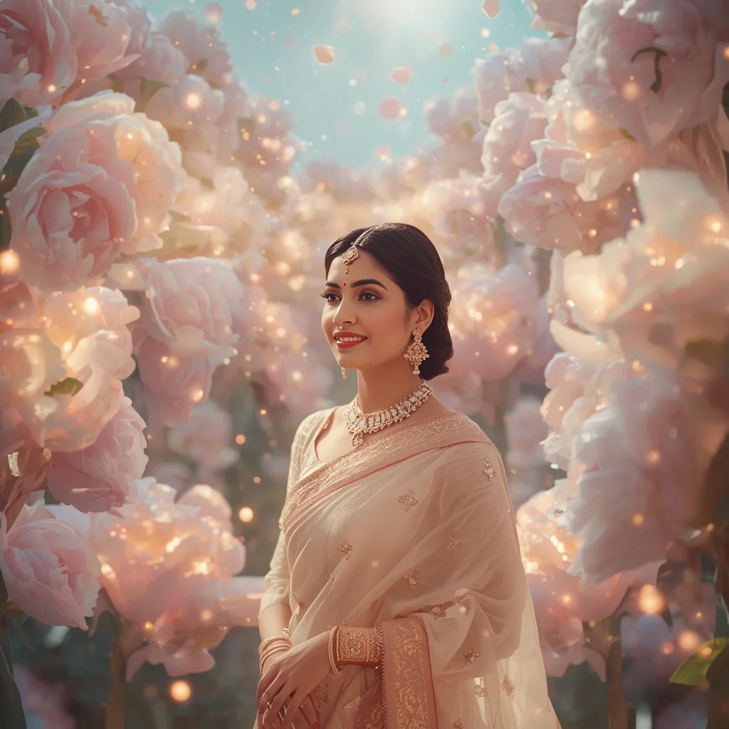 Festive Pastel Saree Light Peony Constellation Empire Collage Cinematic | Prompt Seen Girl Kurti