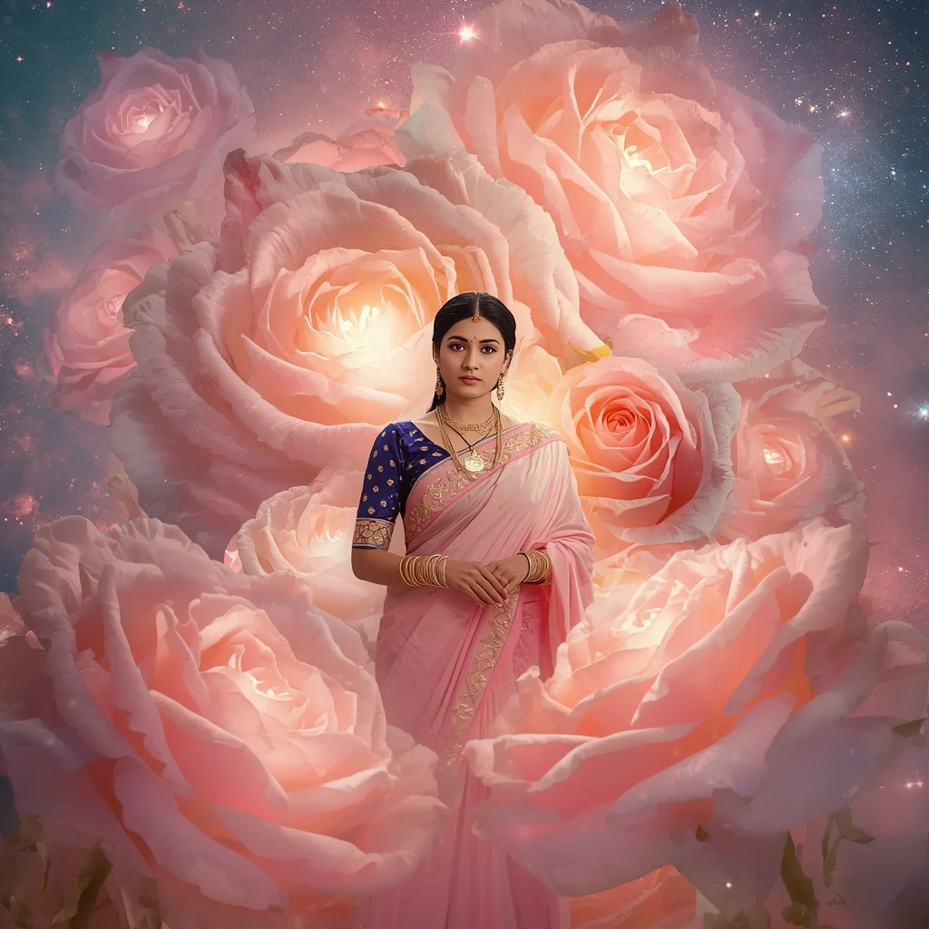 Festive Pastel Saree Light Rose Nebula Kingdom Collage Cinematic | Gemini Ai Prompt For Girl