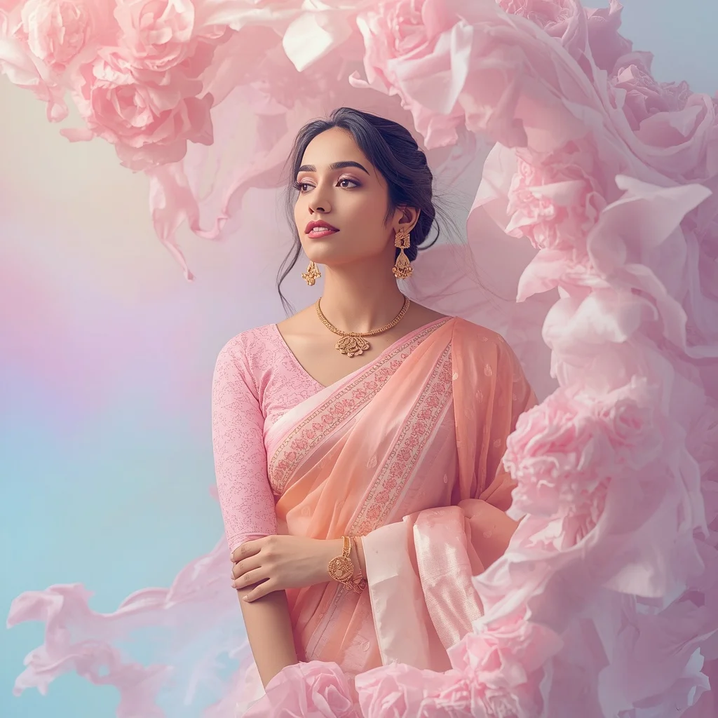 Festive Pastel Saree Liquid Aurora Bloom Ocean Collage Luxury Cinematic | Traditional Prompt For Gemini Ai Girl Copy And Paste