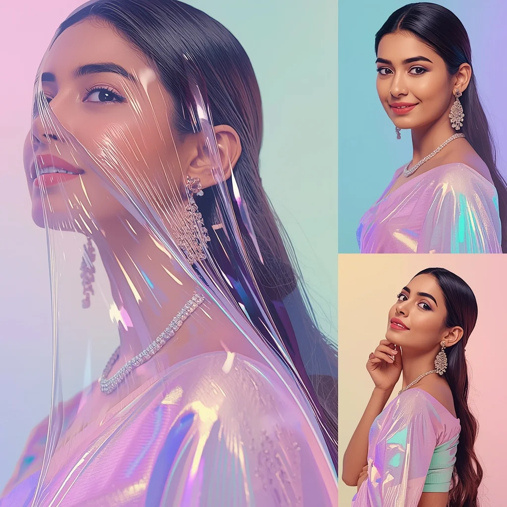 Festive Pastel Saree Liquid Chrome Collage | Indian Girl Reflective Aesthetic Soft Cinematic Viral Prompt | Gemini Saree Prompt For Woman