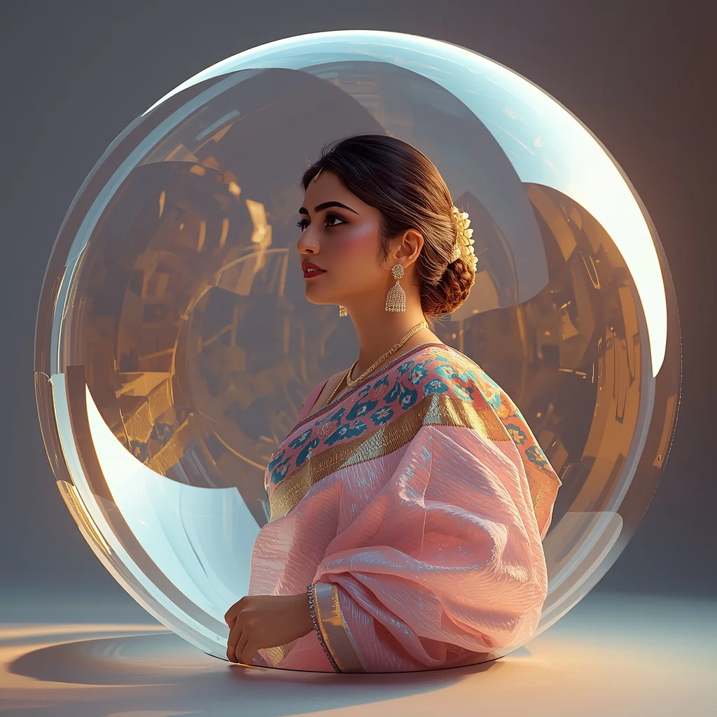 Festive Pastel Saree Liquid Crystal Dome Prompt with Reflective Flow Layers and Cinematic Glow Depth | New Prompt Photo