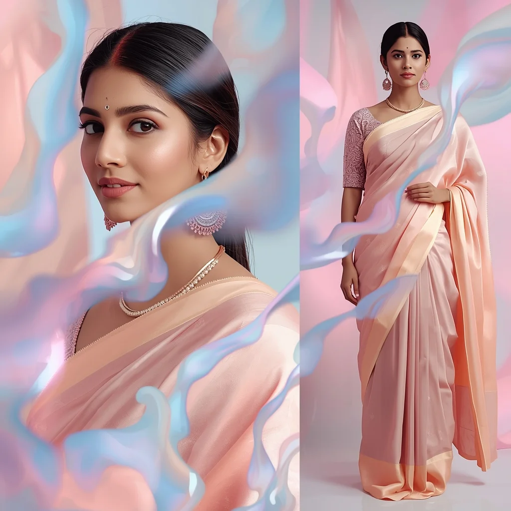 Festive Pastel Saree Liquid Flow Collage | Indian Girl Fluid Art Aesthetic Soft Cinematic Ultra Realistic Viral Prompt | Saree Prompt Text To Image