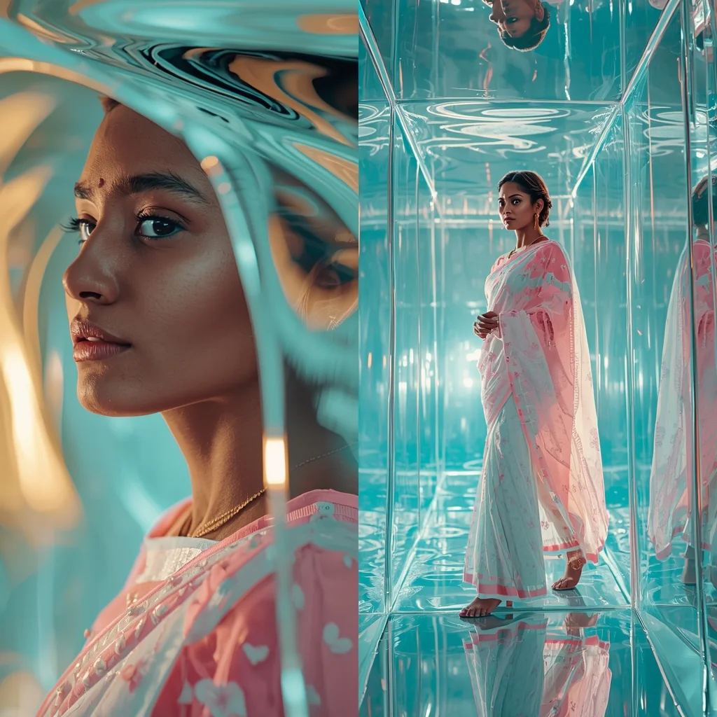 Festive Pastel Saree Liquid Glass Chamber | Indian Girl Reflective Flow Cinematic Viral Prompt | New Ai Prompt For Image Generation