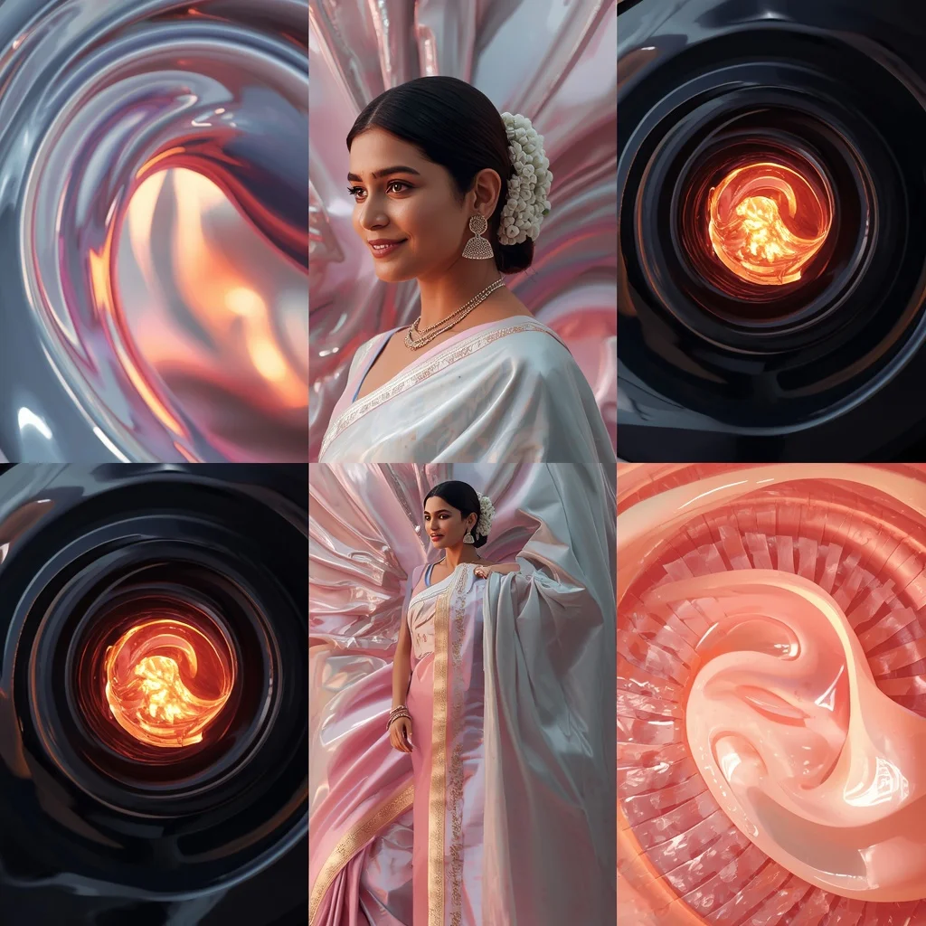 Festive Pastel Saree Liquid Obsidian and Magma Flow Collage | Indian Girl Ai Prompt