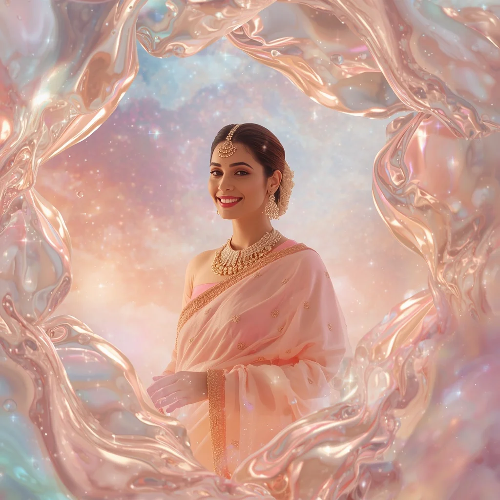 Festive Pastel Saree Liquid Pearl Aurora Celestial Kingdom Collage Luxury Cinematic | Fitness Model Ai Prompt