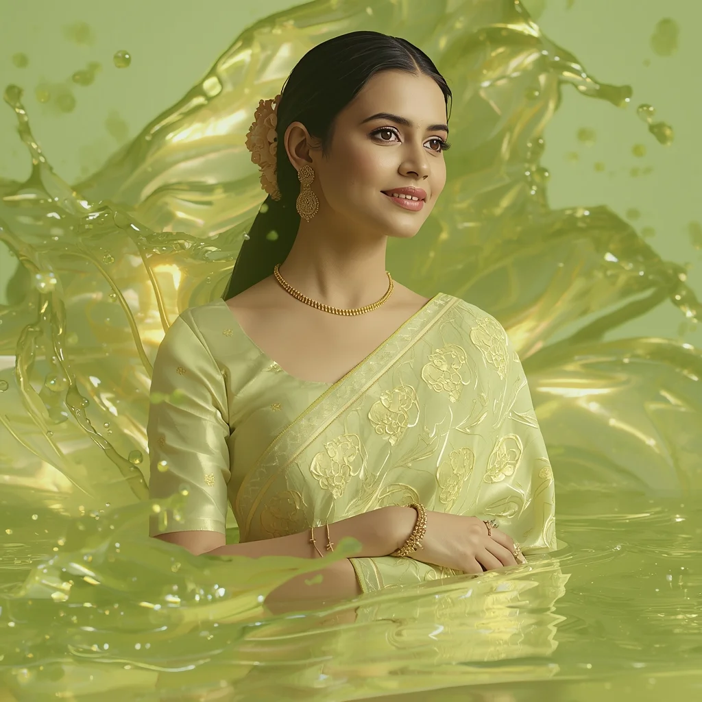 Festive Pastel Saree Liquid Peridot Flow Collage Luxury Cinematic | Prompt For Saree In English