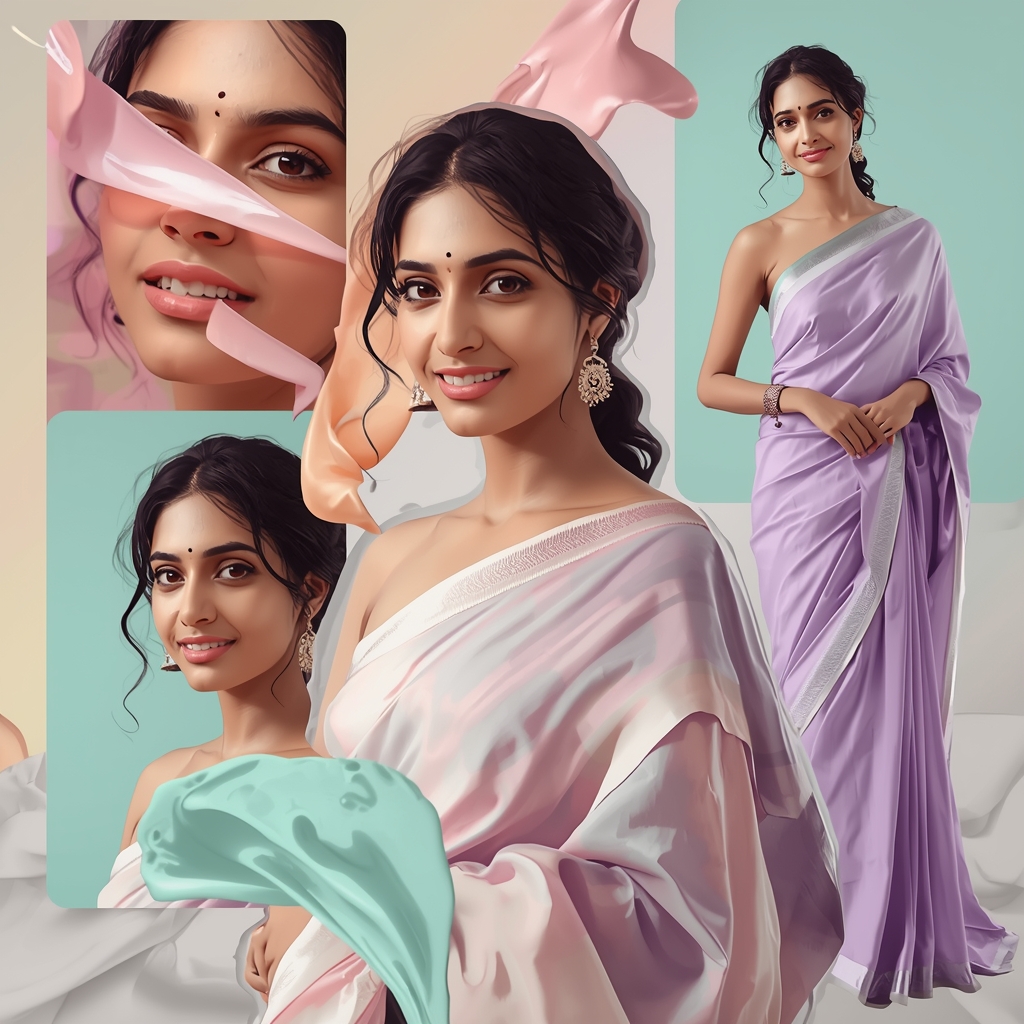 Festive Pastel Saree Liquid Ribbon Collage | Indian Girl Fluid Motion Aesthetic Soft Cinematic Viral Prompt | Saree Prompt Text To Image