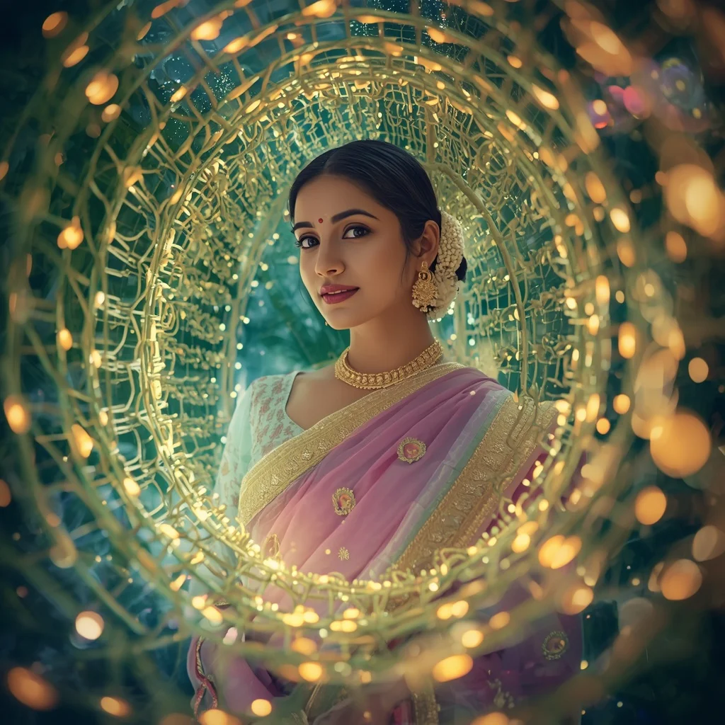 Festive Pastel Saree Living Plant Cell Chloroplast Bio-luminescence Collage | Indian Girl Ai Prompt