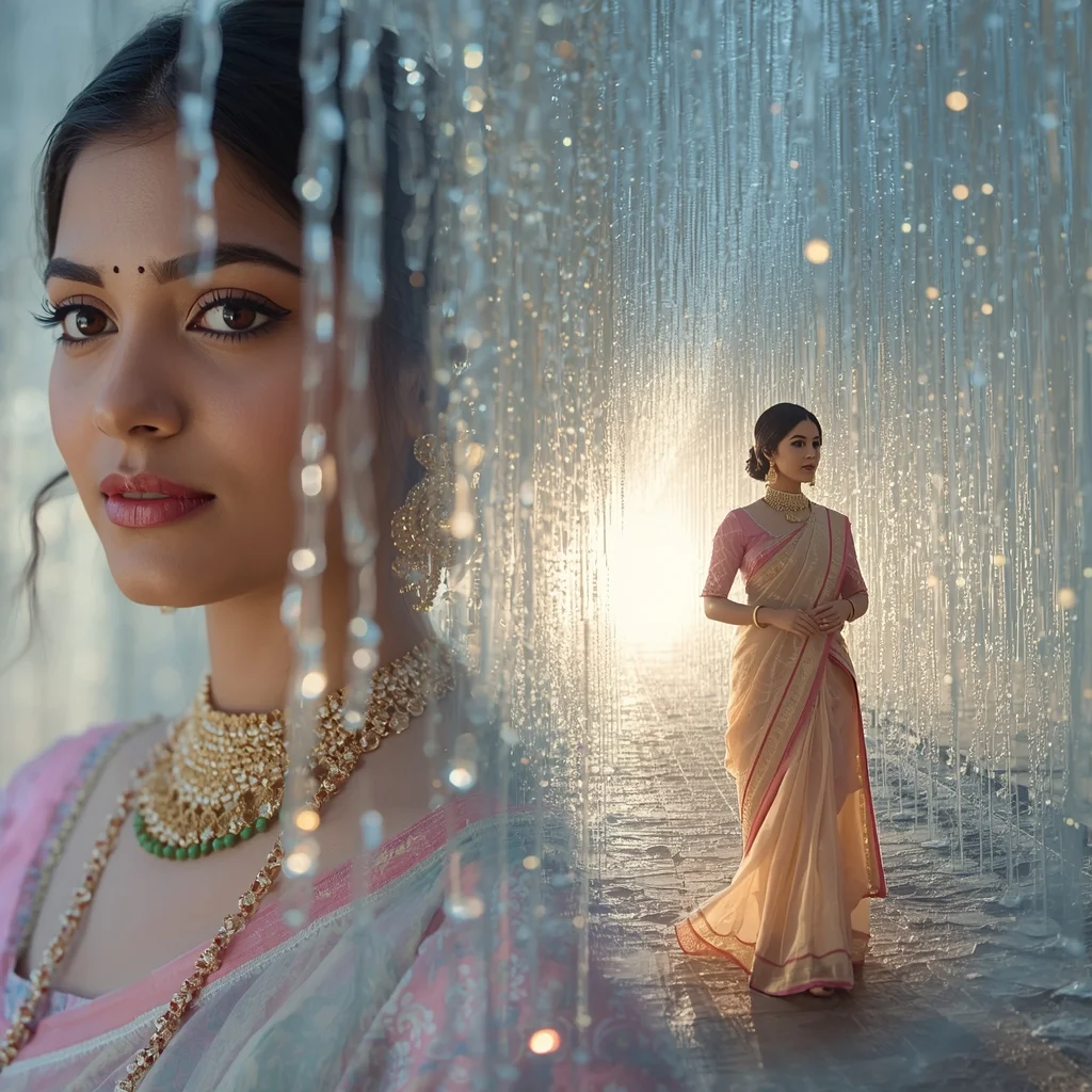Festive Pastel Saree Magical Ethereal Crystal Tunnel Collage | Magical Fantasy Prompt | Image Prompt